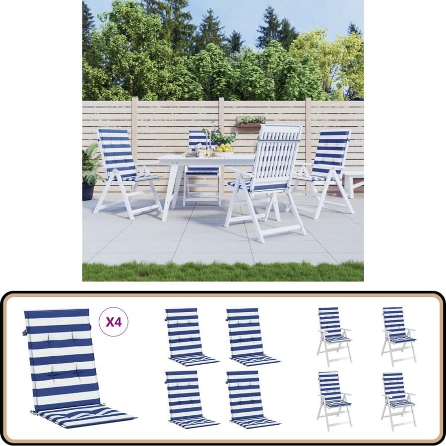 VidaXL Stoelkussens Hoge Rug Stof Wit Blauw 4 Stuks Stoelkussens Kussens Voor Stoelen Outdoor Kussens Tuinkussens Balkon Kussens Patio Kussens Lounge Kussens Hocker Kussens Waterspelende Kussens Zonwerende Kussens