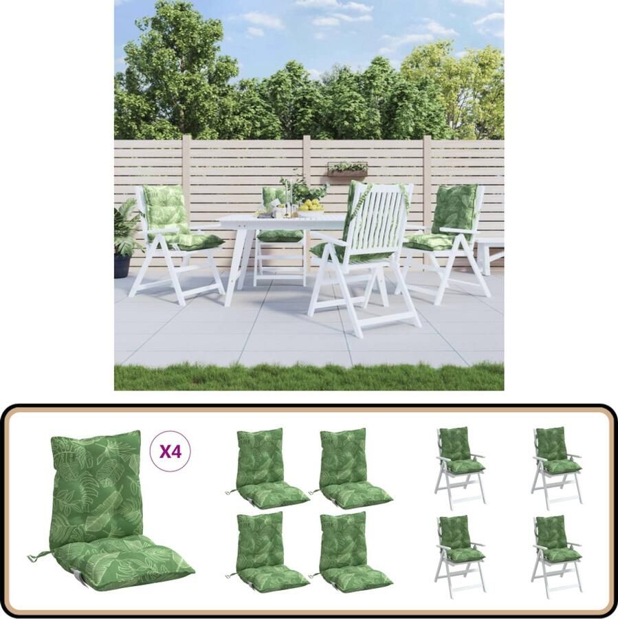 VidaXL Stoelkussens Lage Rug Bladpatroon 4 stuks Stoelkussens Tuinstoel Lounge Stoel Buitendecoratie Outdoor Accessoires