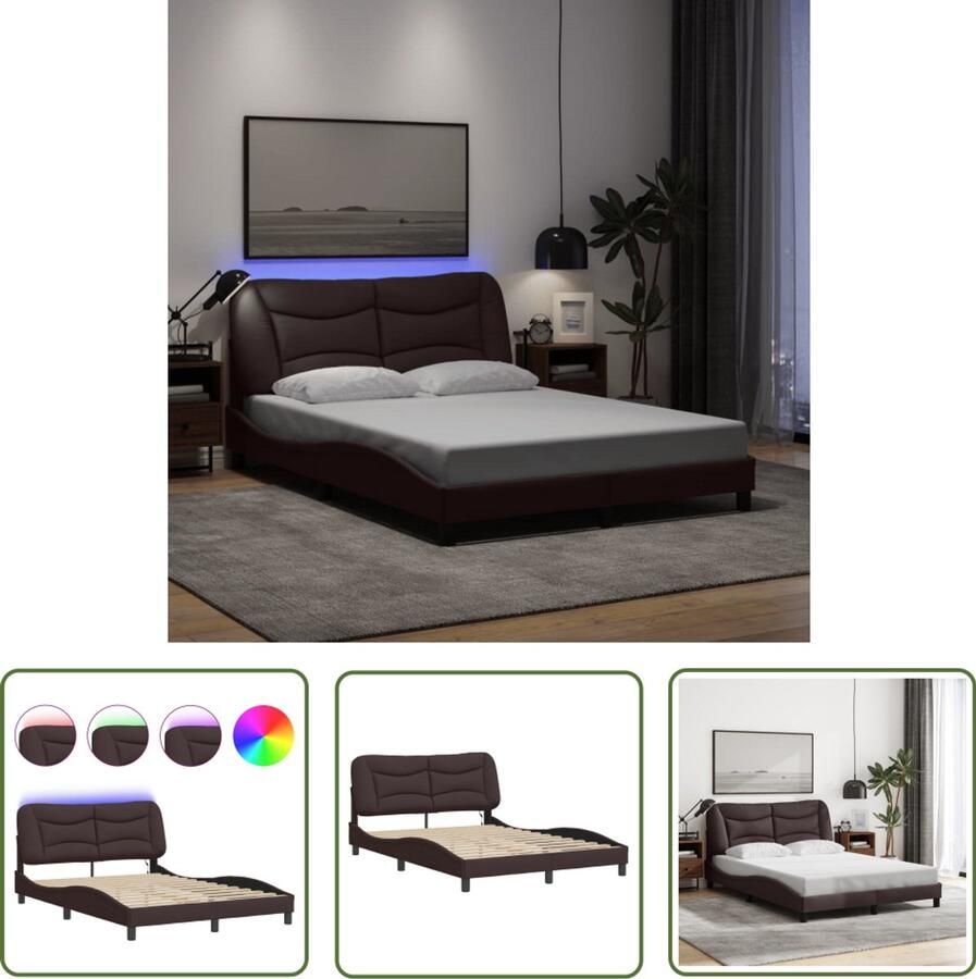 VidaXL Stof Bed Frame Donkerbruin Bed Frame Bedframe met LED zonder matras Hvar 140x200 cm stof donkerbruin Led Bed Frame Boxspring Bed Frame Tweepersoons Bed Frame