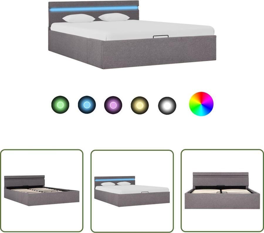 The Living Store Bedframe taupe stoffen bekleding met opbergvak hydraulisch gasveermechanisme LED-strip 211 x 148 x 73 cm (L x B x H) geschikte matras 140 x 200 cm 5.6 W vermogen afstandsbediening polyester