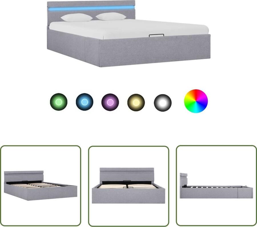 The Living Store Stoffen Bedframe Hydraulisch met Opbergvak Lichtgrijs 211x148x73 cm Geschikt voor 140x200 cm Matras Inclusief LED-strip en Afstandsbediening