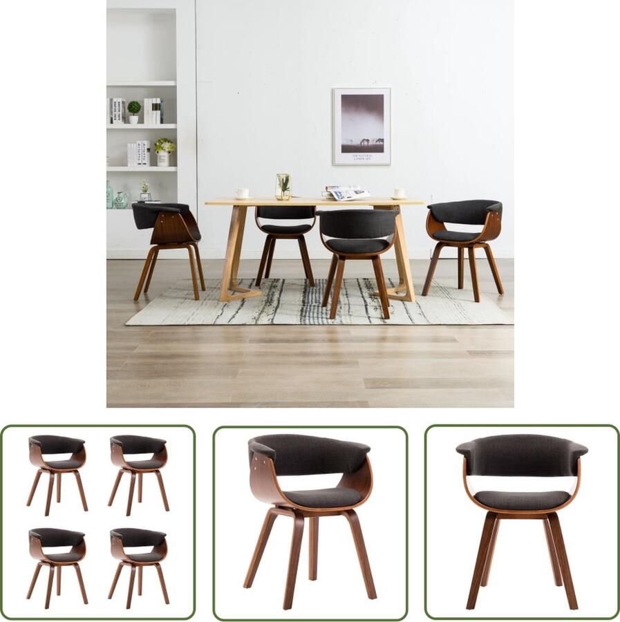 The Living Store Eetkamerstoelenset Grijs en Bruin 59.5 x 51 x 72 cm Stof en Gebogen Hout Eetkamerstoelen Stof Stoel Houten Stoel Grijze Stoel Bruine Stoel - Foto 2