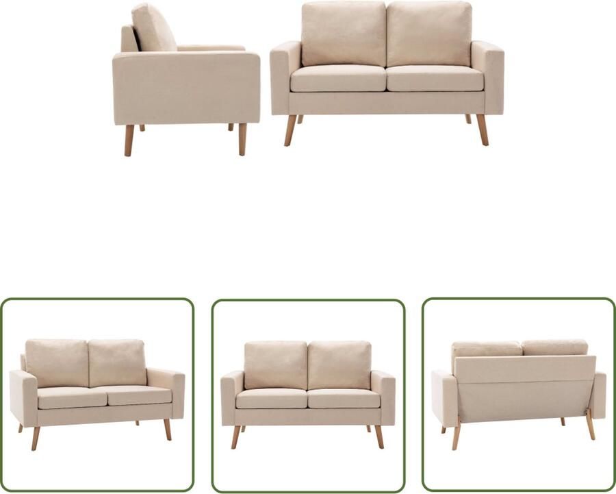 The Living Store Bankenset Armstoel en 2-Zitsbank Crème Massief grenenhout Dik gevoerde kussens Bankstellen Stoffen Bank Creme Bank Lounge Stoffen Bank Salon Meubilair