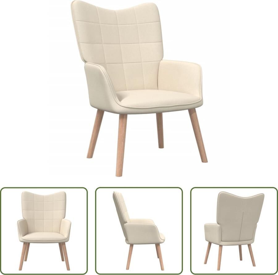 The Living Store Relaxstoel Blokpatroon 61.5 x 69 x 95.5 cm Crème Stof (100% polyester) Beukenhout en staal - Foto 2