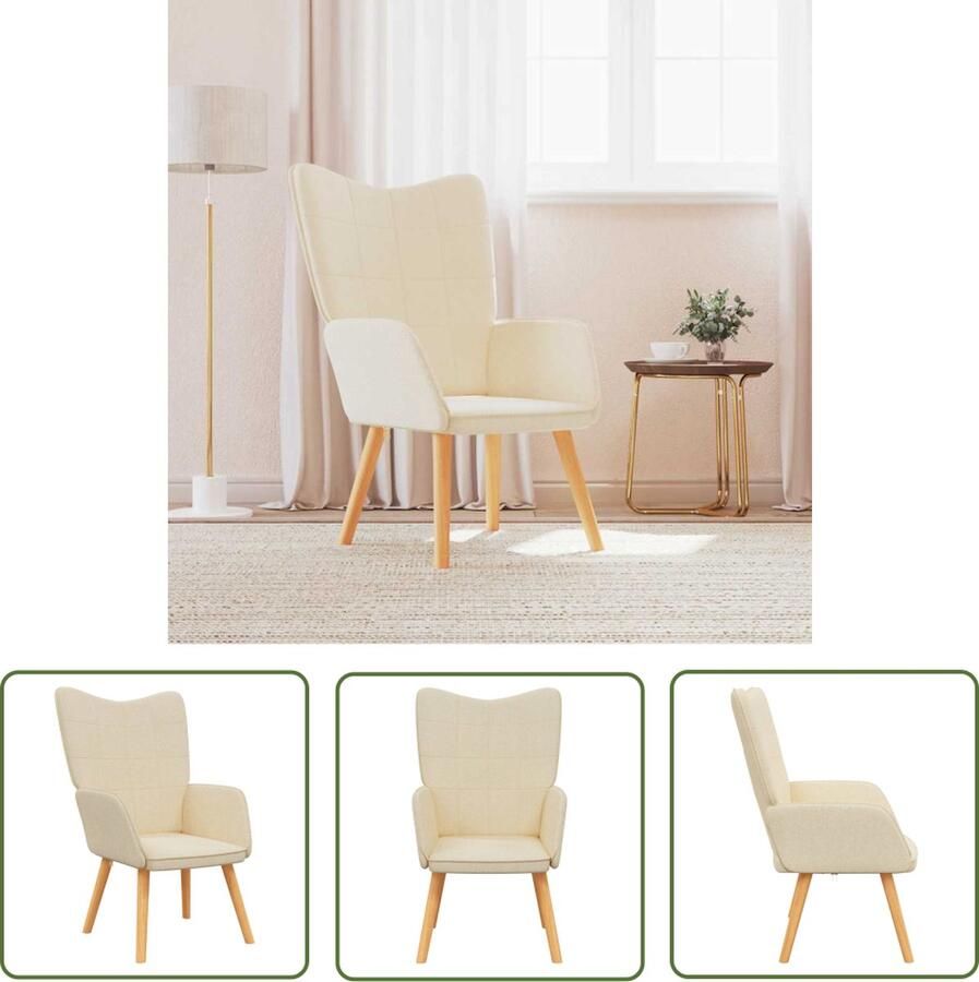The Living Store Relaxstoel Blokpatroon 61.5 x 69 x 95.5 cm Crème Stof (100% polyester) Beukenhout en staal
