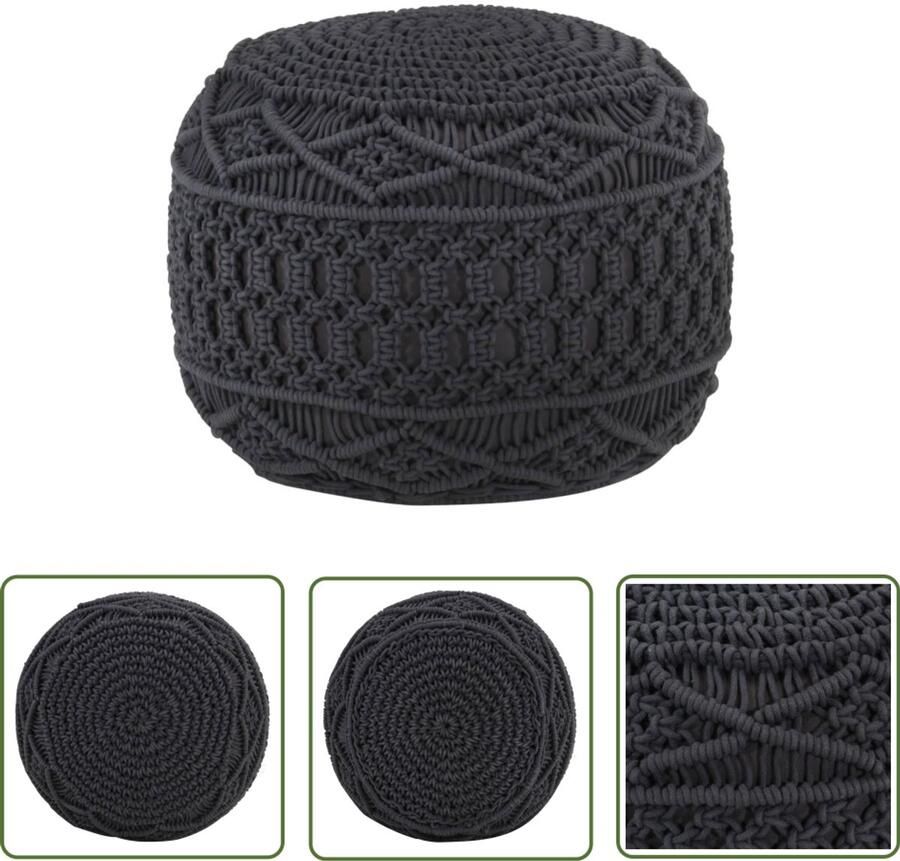 The Living Store Poef macramé handgemaakt 45x30 cm katoen antraciet Macrame Poef Stoffen Poef Ronde Poef Loungepoef Vloerzeil