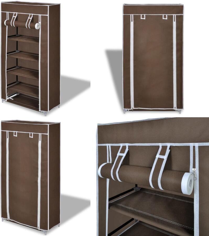 VidaXL Stoffen schoenenrek met hoes 58 x 28 x 106 cm bruin Schoenenrek Schoenenrekken Schoenen Rek Schoenen Rekken