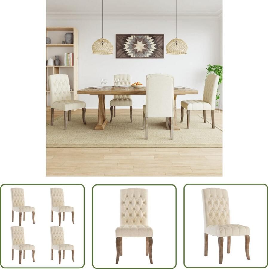The Living Store Moderne Eetkamerstoelen Beige linnen-look Duurzaam rubberwood Set van 4 Eetkamerstoelen Stoffen Stoelen Moderne Stoelen Beige Meubels Houten Stoelen