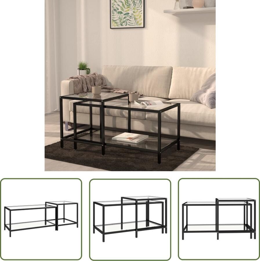 The Living Store Salontafelset Glas Staal 90x45x45cm + 50x50x50cm Salontafel Industrieel Glazen Tafel Metalen Tafel Bijzettafel - Foto 2