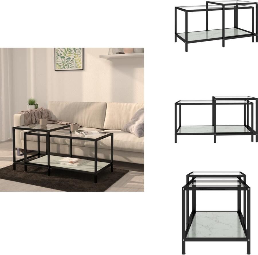 VidaXL Salontafel Set Industriële stijl Gehard glas en gepoedercoat staal Wit 90x45x45 cm 50x50x50 cm Tafel