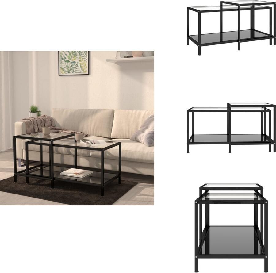 VidaXL Salontafelset Industriële Stijl 90x45x45 cm 50x50x50 cm Gehard Glas Gepoedercoat Staal Tafel