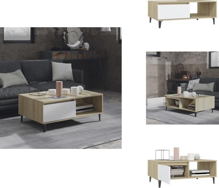 VidaXL Middentafel Bijzettafel 90 x 60 x 35 cm Wit en Sonoma eiken Spaanplaat en metaal Montage vereist Tafel