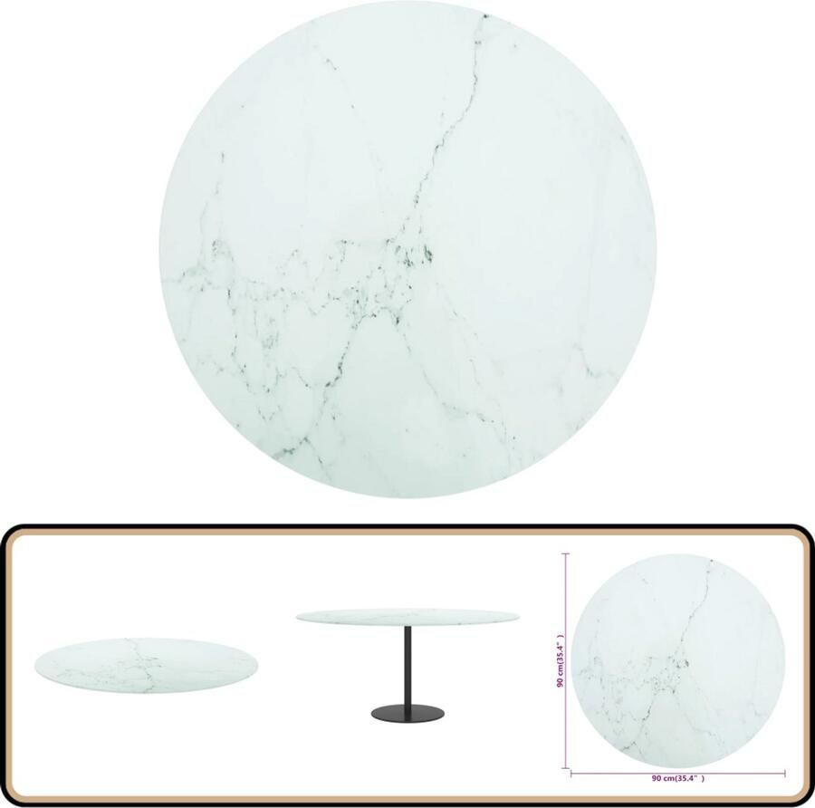 VidaXL Tafelblad 90 cm Wit Marmerlook Glas Tafelblad Gehard Glas Marmeren Design Witte Tafel Rond Tafelblad Keukenaccessoires Woondecoratie Living Accessoires Diningtable - Foto 2