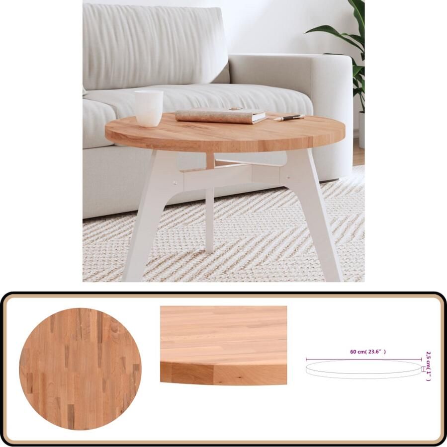 VidaXL Tafelblad Rond Ø60 cm Massief Beukenhout Tafelblad Beukenhout Tafelblad Vervangen Salontafel Rond Tafelblad - Foto 2