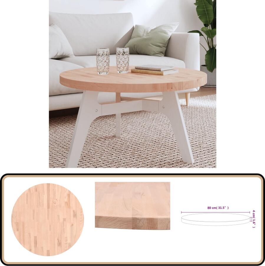 VidaXL Tafelblad Rond 80 cm Beukenhout Houten Tafelblad Rond Tafelblad Beukenhout Tafelblad Salontafel Blad Tafelblad Vervangen