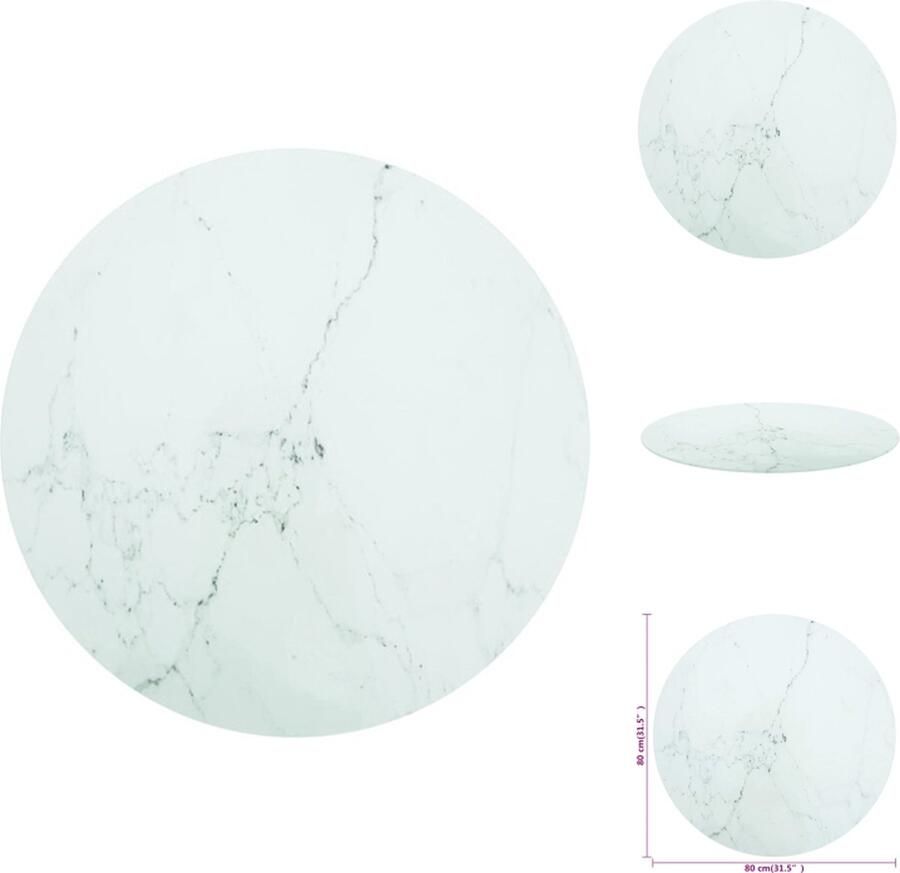 VidaXL Tafelblad Tafelbladen Vervangend Tafelblad Vervangende Tafelbladen Tafelblad Ø80x1 cm gehard glas met marmeren design wit