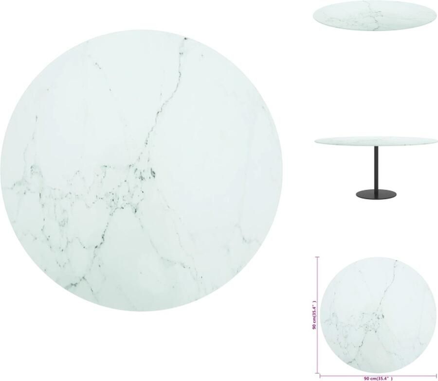 VidaXL Tafelblad Tafelbladen Vervangend Tafelblad Vervangende Tafelbladen Tafelblad Ø90x1 cm gehard glas met marmeren design wit