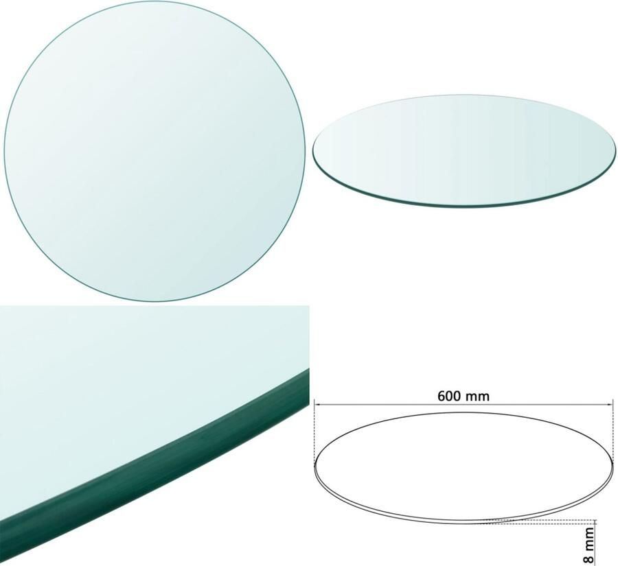 VidaXL Tafelblad van gehard glas 600 mm rond Tafelblad Tafelbladen Vervangingstafelblad Vervangingstafelbladen