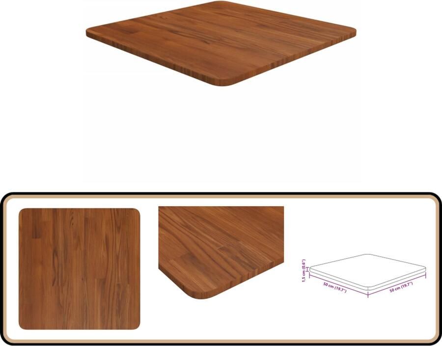 VidaXL Tafelblad Vierkant 50x50 cm Eiken Donkerbruin Tafelblad Eikenhout Massief Hout Bruin Vintage