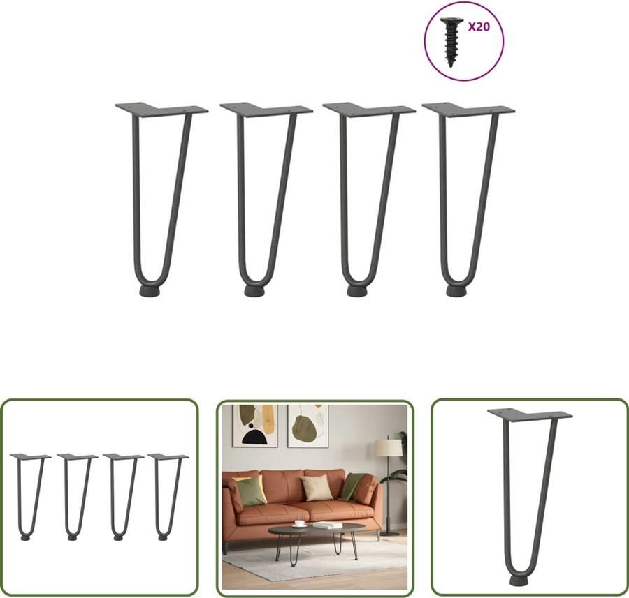 VidaXL Tafellaar Potten Haarspeld Tafelpoten Haarnadelpoten voor Salontafel 4 st 30 cm massief staal antracietkleurig Metalen Tafelpoten Zwarte Tafelpoten Vintage Tafelpoten