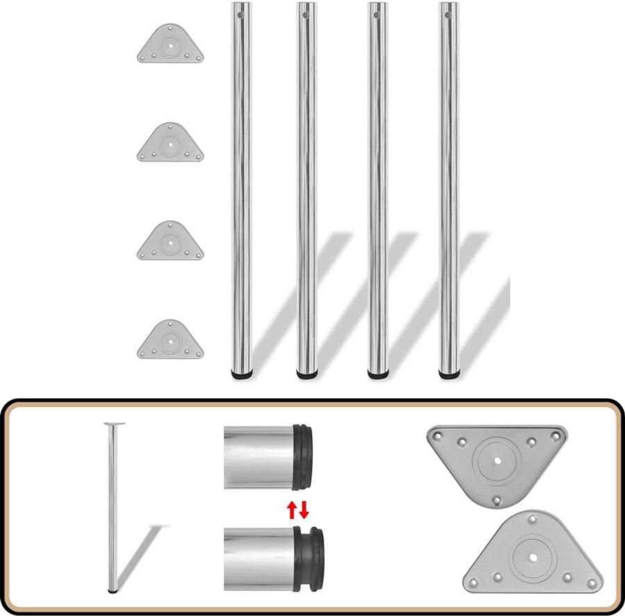 VidaXL Tafelpoten verstelbaar Chroom 1100 mm 4 stuks Tafelstellen Tafelpoten Metalen Tafelpoten Verstelbare Tafelpoten Chromatable Potten