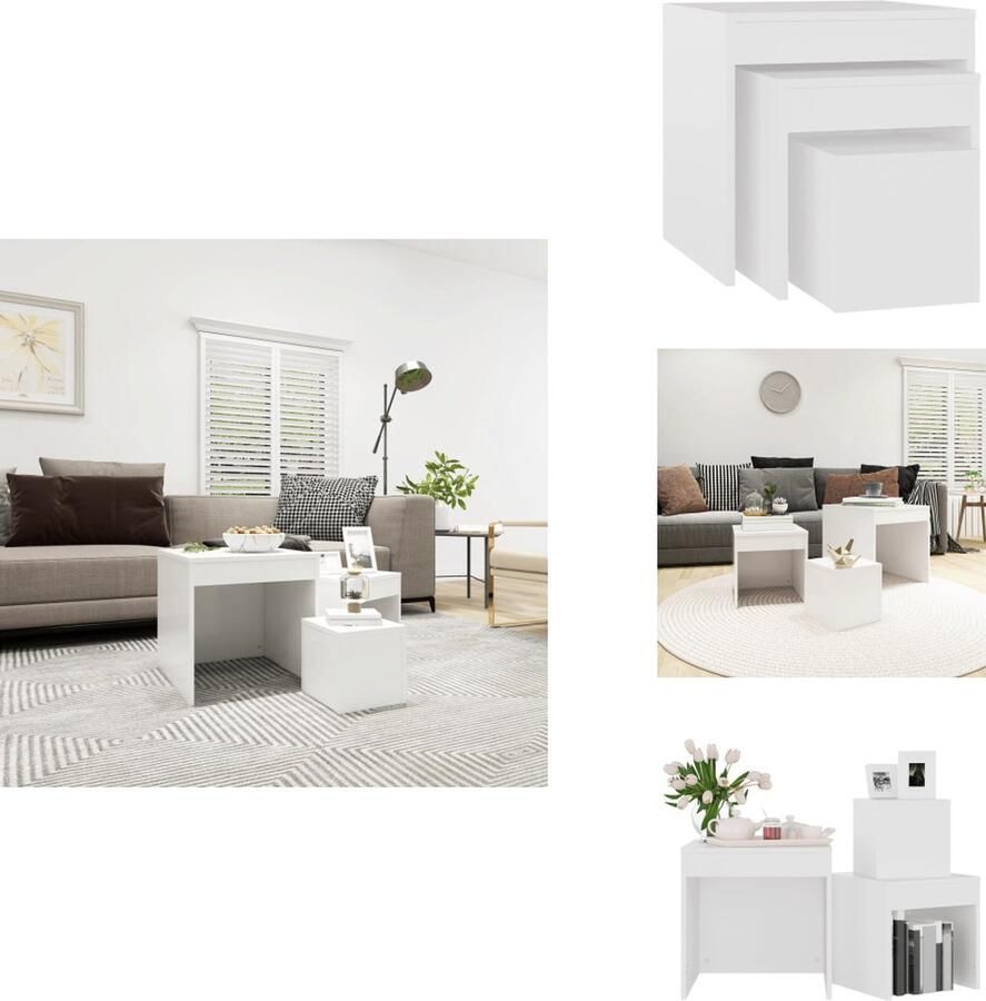VidaXL Bijzettafelset Wit Spaanplaat Grote- 45x45x45cm Medium- 35x35x35cm Klein- 24x24x24cm Tafel