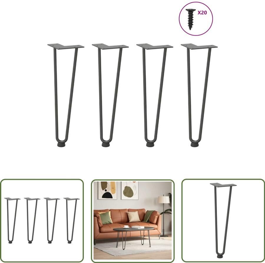 The Living Store Haarspeld tafelpoten 4 st 42 cm massief staal antracietkleurig Haarspeld Tafelpoten Tafelstellen Metalen Tafelpoten Zwarte Tafelpoten Industriële Tafelpoten