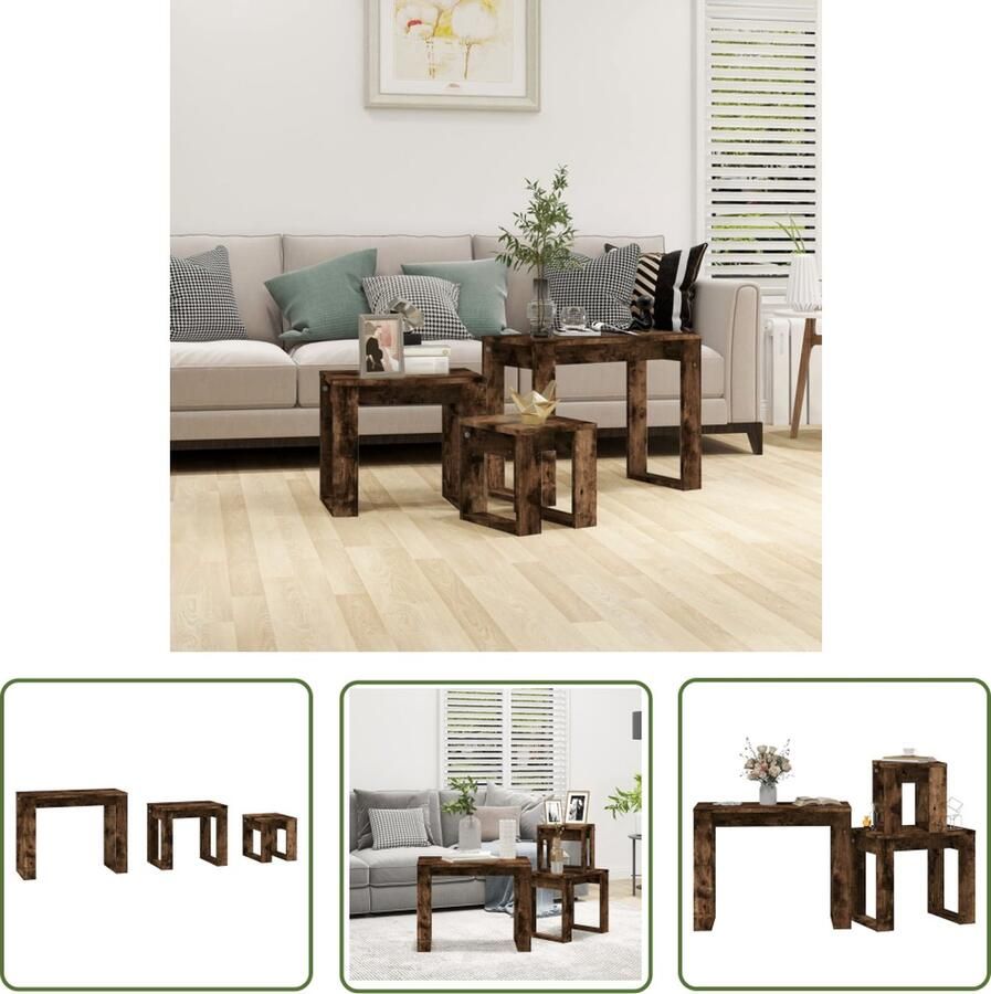 The Living Store Tafeltjesset Gerookt eiken Compact ontwerp Multifunctioneel Eenvoudig te reinigen hout Montage vereist 61x28x47cm 43x28x37cm 25x28x27cm Tafelset Tafeltjes Compact Ontwerp Multifunctioneel Houten Tafels - Foto 3