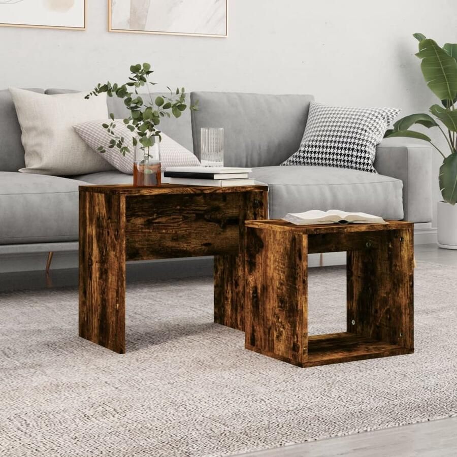 VidaXL Tafeltjesset 2-delig Bewerkt hout Gerookt eiken Salontafel Bijzettafel Koffietafel Nestkasten Houten Salontafel Bruine Salontafel Multifunctioneel Meubel Compact Meubilair Livingroom Furniture - Foto 2