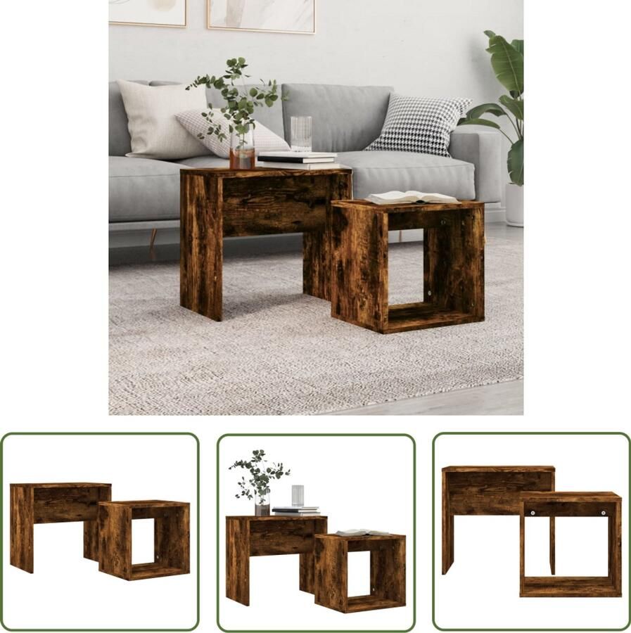 VidaXL Tafeltjesset 2-delig Bewerkt hout Gerookt eiken Salontafel Bijzettafel Koffietafel Nestkasten Houten Salontafel Bruine Salontafel Multifunctioneel Meubel Compact Meubilair Livingroom Furniture