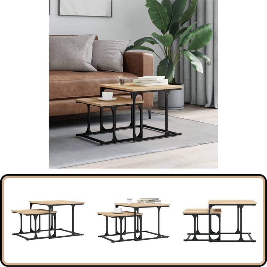 VidaXL Tafeltjesset 2-delig Sonoma Eiken Hout & Metaal Salontafel Bijzettafel Koffietafel Nestkasten Houten Meubilair Bruine Salontafel Multifunctionele Tafel Compact Meubel