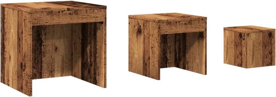 The Living Store 3-delige Tafeltjesset bewerkt hout oud houtkleurig Tafelses Nestkasten Bijzettafels Houten Meubilair Compact Meubel