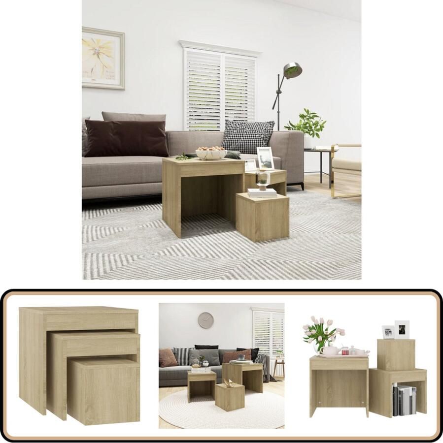 VidaXL Tafeltjesset 3-delig Bewerkt hout Sonoma eiken Bijzettafels Tafeltjesset Salontafel Tv-stand Houten Meubilair Scandinavische Stijl Compact Meubel