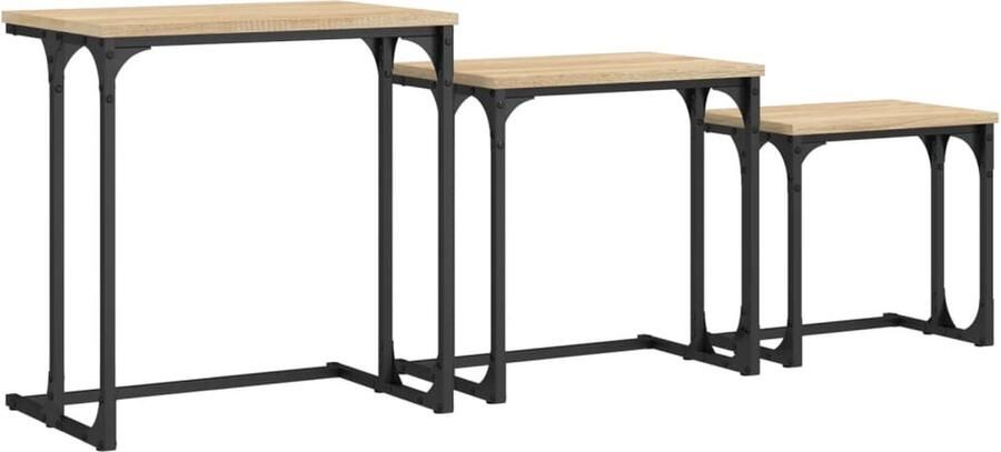 The Living Store 3-delige Tafeltjesset bewerkt hout sonoma eikenkleurig Salontafel Set Industrieel Meubilair Houten Salontafel Nestkasten Multifunctionele Tafel