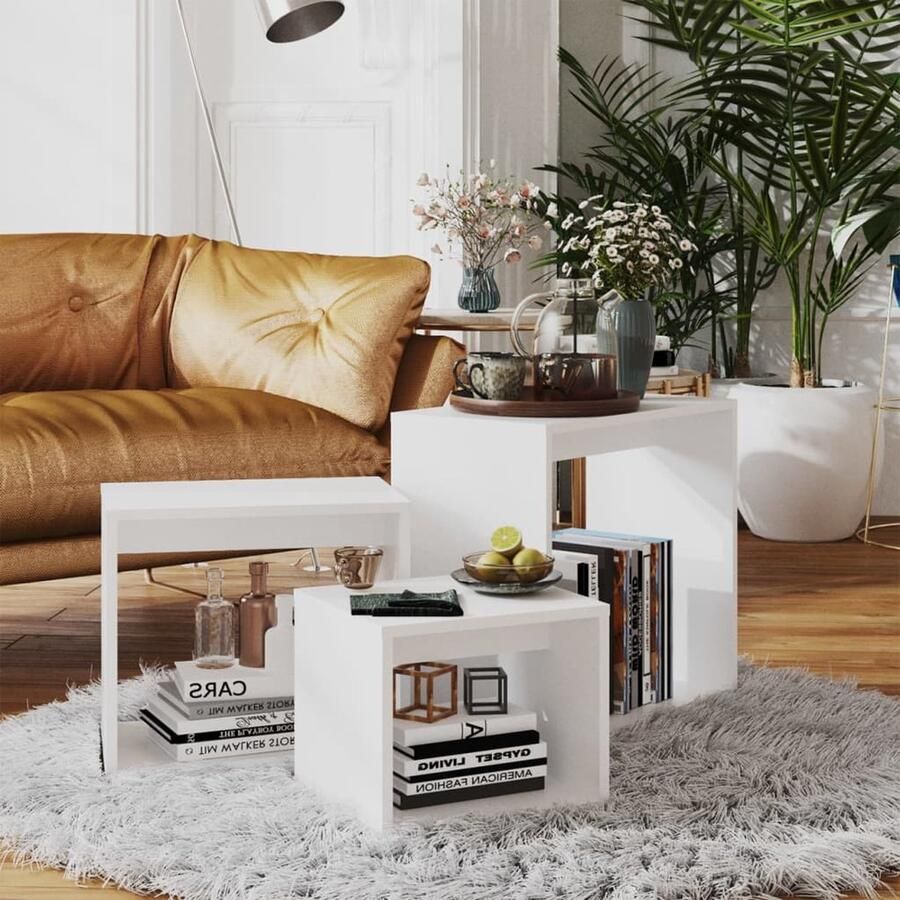 VidaXL Tafeltjesset 3-delig Bewerkt hout Wit Bijzettafels Salontafels Houten Meubelen Witte Meubelen Multifunctionele Meubelen Compact Meubel Klein Wonen Decoratie Accessoires Scandinavische Stijl Basic Design - Foto 2
