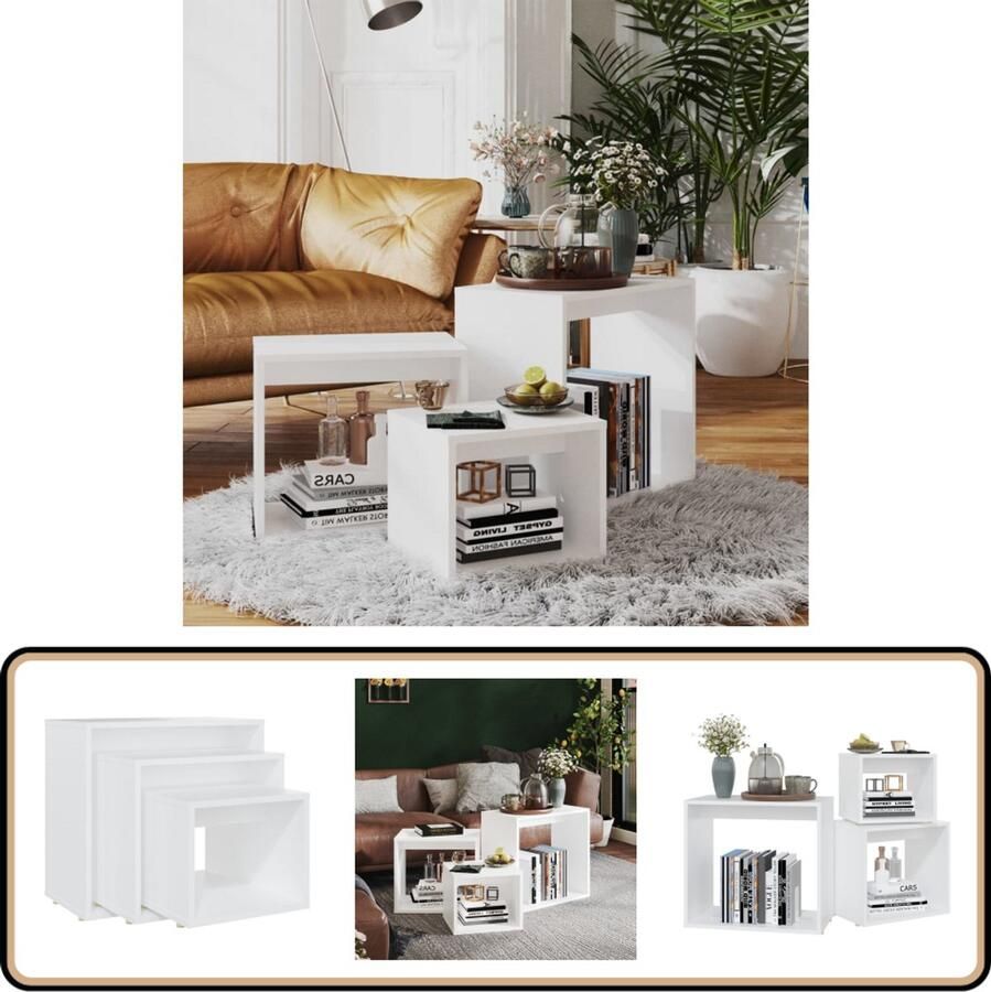 VidaXL Tafeltjesset 3-delig Bewerkt hout Wit Bijzettafels Salontafels Houten Meubelen Witte Meubelen Multifunctionele Meubelen Compact Meubel Klein Wonen Decoratie Accessoires Scandinavische Stijl Basic Design