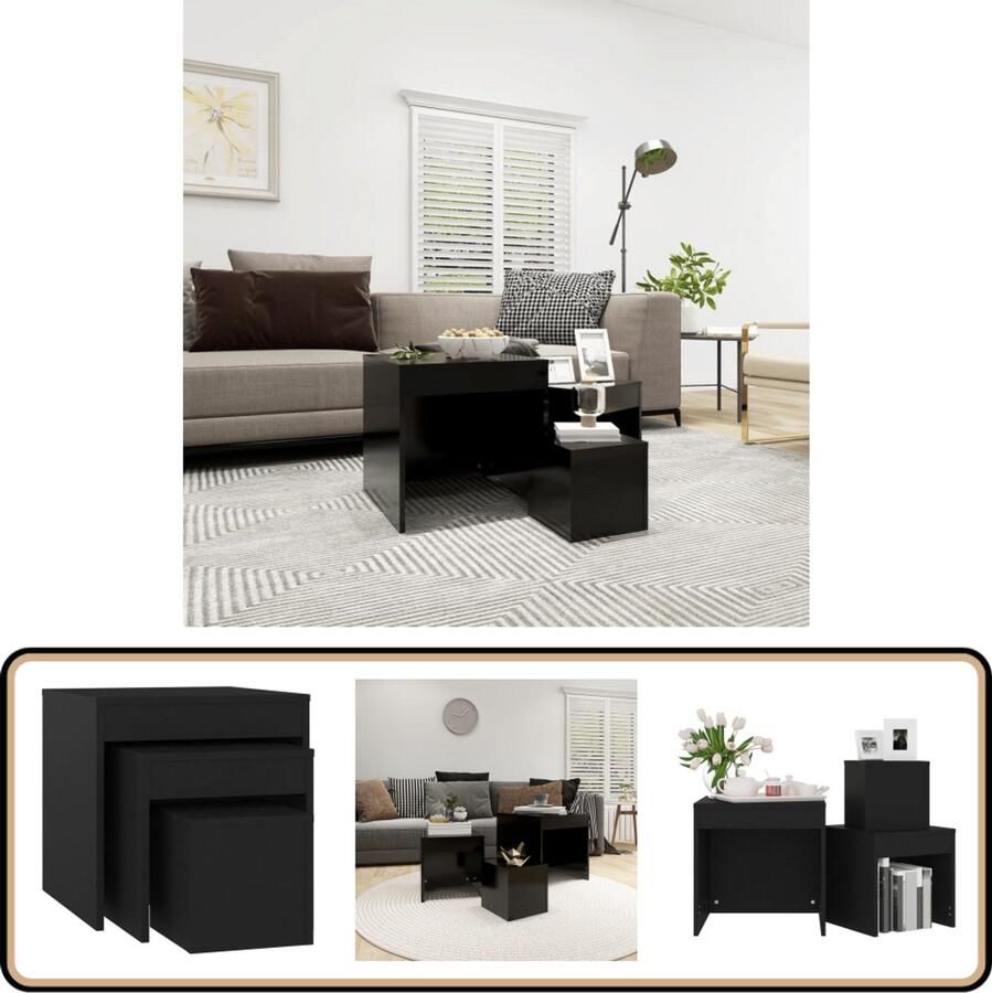 VidaXL Tafeltjesset 3-delig Bewerkt hout Zwart Bijzettafels Houten Meubilair Zwarte Tafels Nestkasten Salontafeltjes Nachtkasten