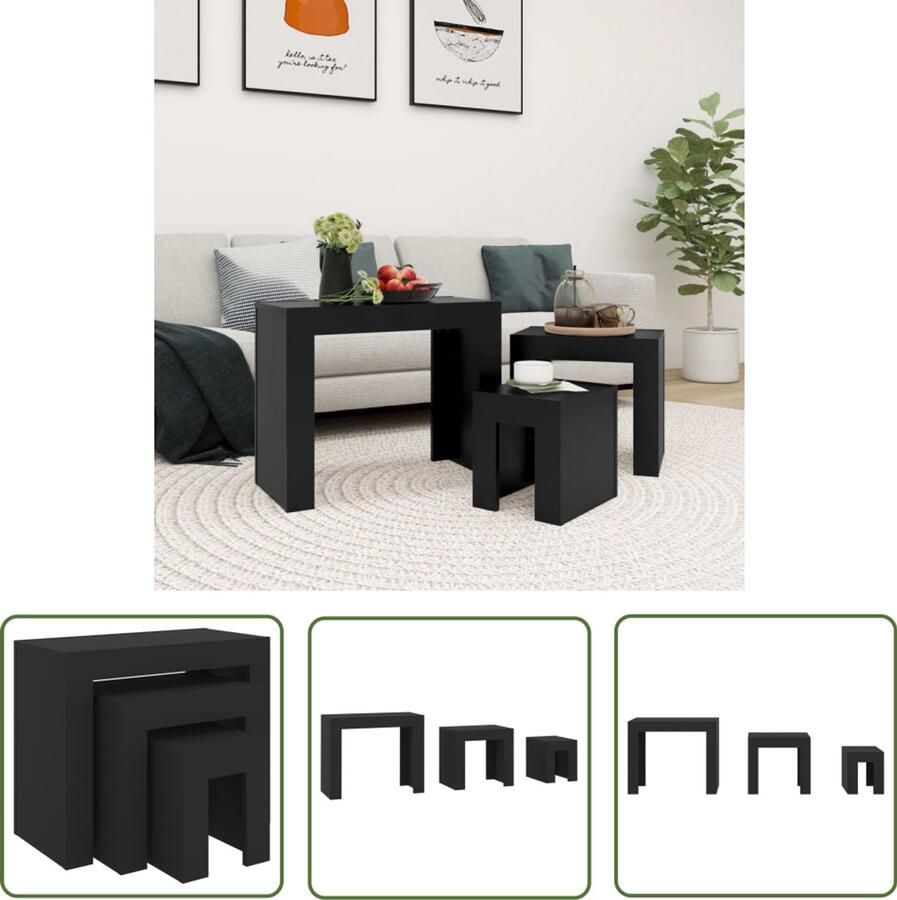 VidaXL Tafeltjesset 3-delig Bewerkt hout Zwart Salontafel Houten Salontafel Zwarte Salontafel Salontafelset Multifunctionele Salontafel Stapelbare Salontafel - Foto 2