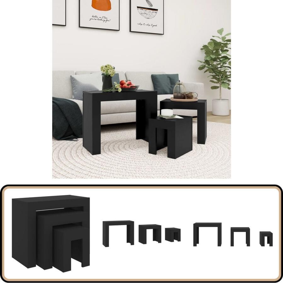 VidaXL Tafeltjesset 3-delig Bewerkt hout Zwart Salontafel Houten Salontafel Zwarte Salontafel Salontafelset Multifunctionele Salontafel Stapelbare Salontafel
