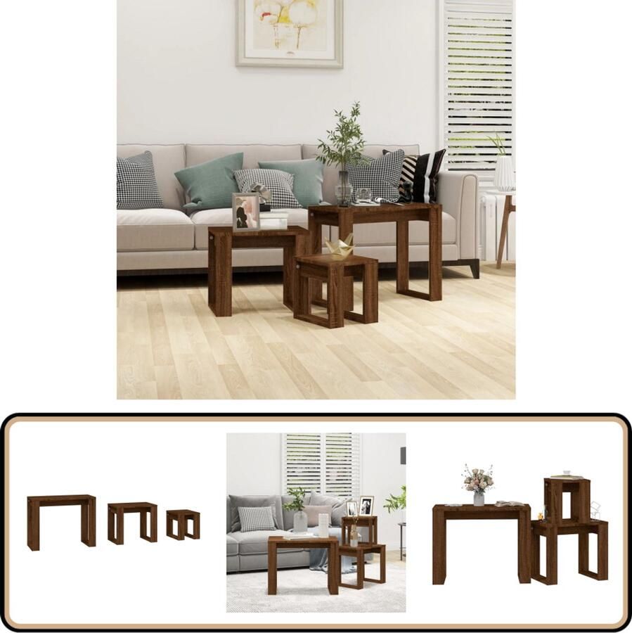 VidaXL Tafeltjesset 3-delig Bruin Eiken Bewerkt Hout Tafels Tafeltjesset Nestkasten Bijzettafels Houten Meubelen Interieurdecoratie Livingroom Decor Bedroom Furniture Compact Meubilair Bruine Meubelen