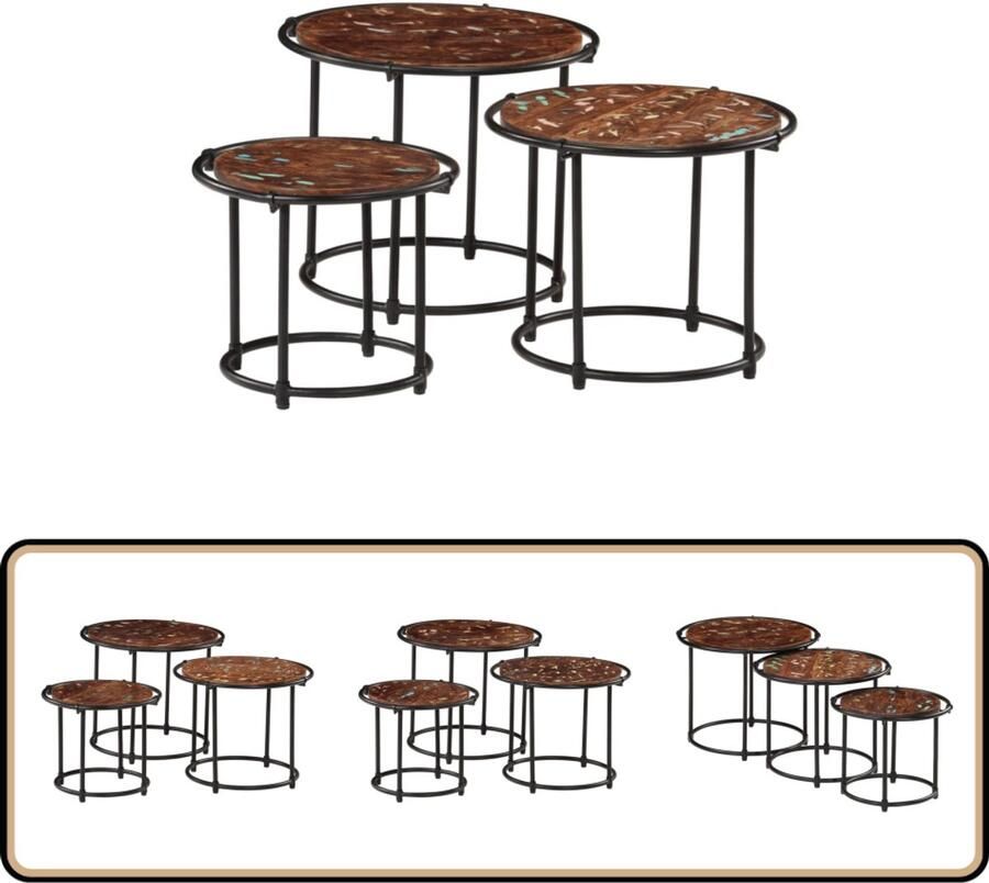 VidaXL Tafeltjesset 3-delig gerecycled hout Nesttafel Nesttafels Bijzettafel Banktafel