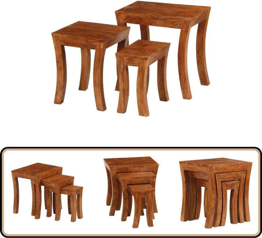 VidaXL Tafeltjesset 3-delig Massief Acaciahout Bruin Salontafel Acacia Tafels Bijzet Tafels Nachtkastje Vintage Meubelen