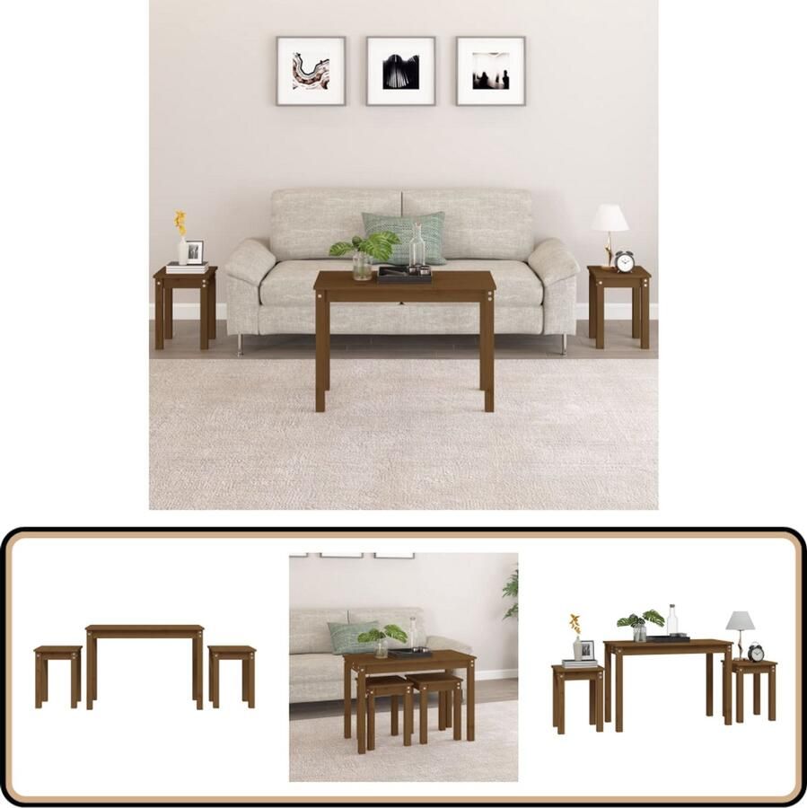 VidaXL Tafeltjesset 3-delig Massief Grenenhout Tafels Grenenhouten Tafels Nestkasten Bijzettafels Salontafel Kamermeubilair Compact Meubilair Klein Wonen