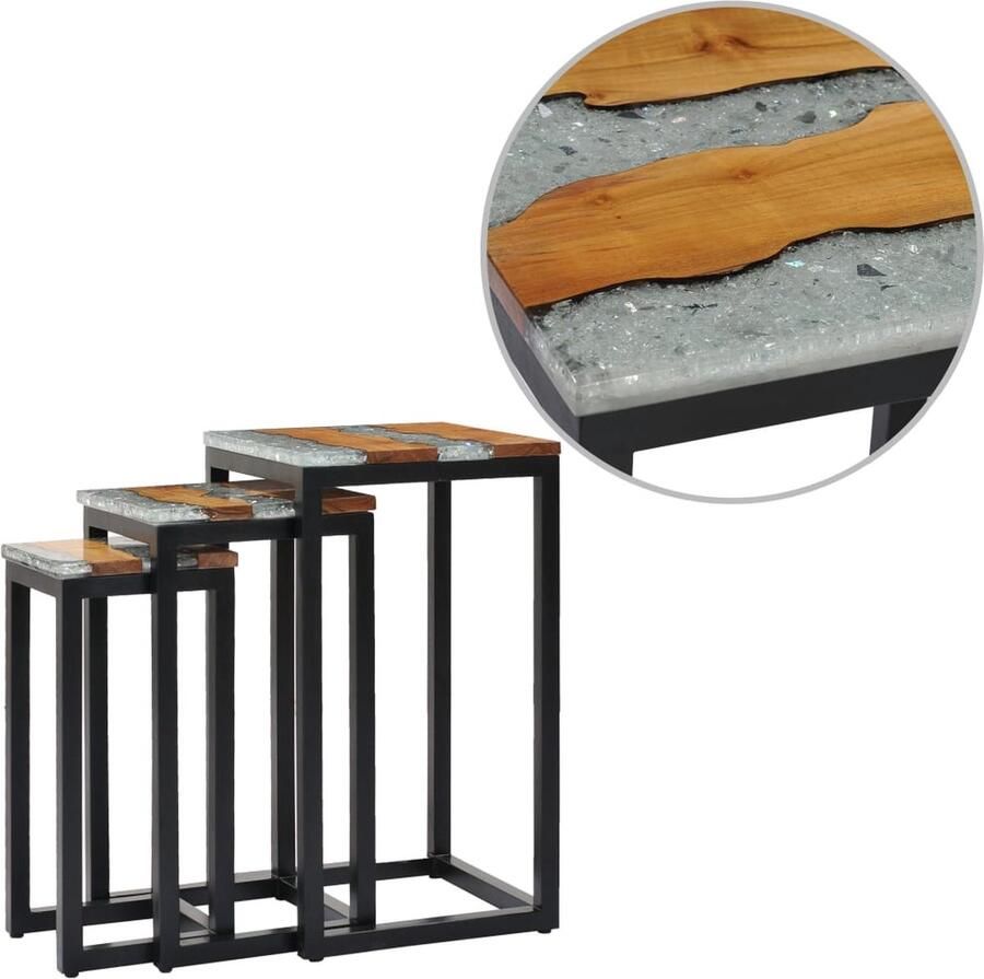 VidaXL Tafeltjesset 3-delig Massief Teakhout Tafels Set Teak Hout Retro Meubelen Salontafel Vintage Decor Binnenhuisdecoratie Living Room Furniture - Foto 2