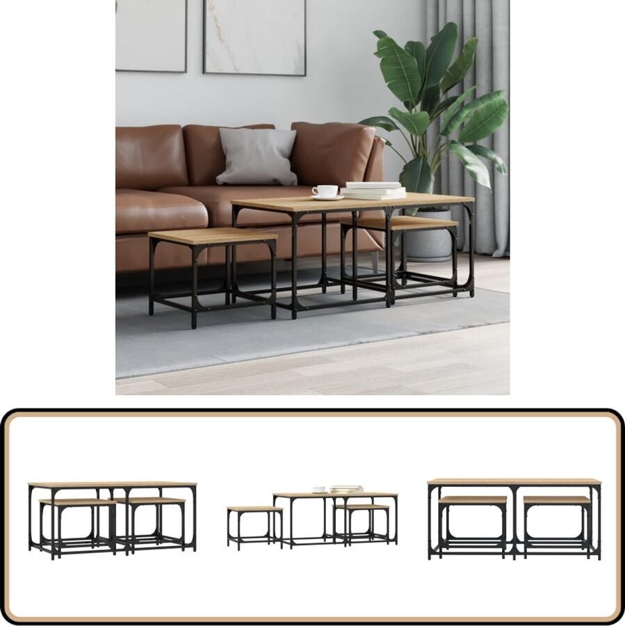 VidaXL Tafeltjesset 3-delig Sonoma Eiken Hout & Metaal Salontafel Set Houten Salontafel Gigant Nestkasten Koffietafel Tv Tafel Multifunctionele Tafel Houten Meubilair Interieurdecoratie