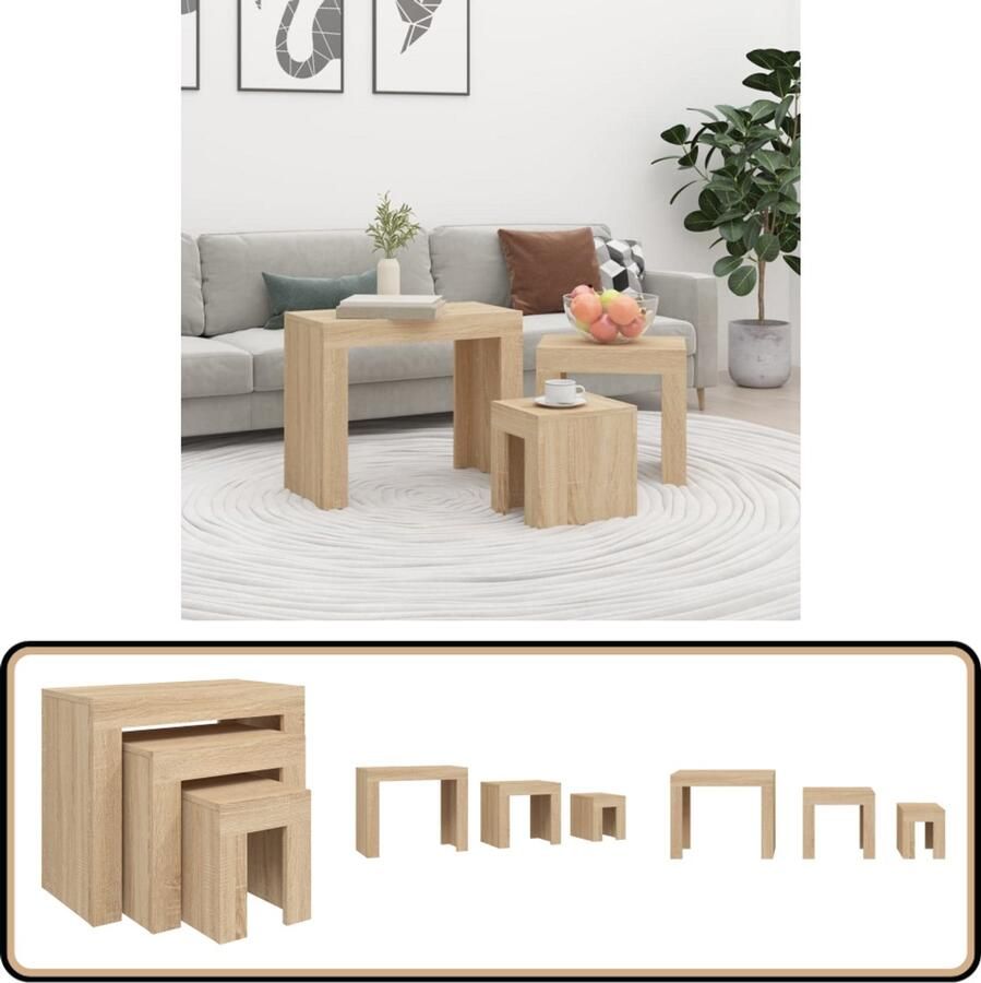 The Living Store 3-delige Tafeltjesset bewerkt hout sonoma eikenkleurig Salontafel Bijzettafel Houten Meubilair Eiken Kleur Multifunctioneel - Foto 2