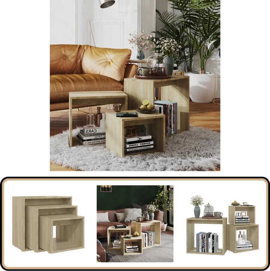 VidaXL Tafeltjesset 3-delig Sonoma eiken Spaanplaat Bijzettafels Salon Meubilair Tv Stand Houten Tafels Compact Meubel