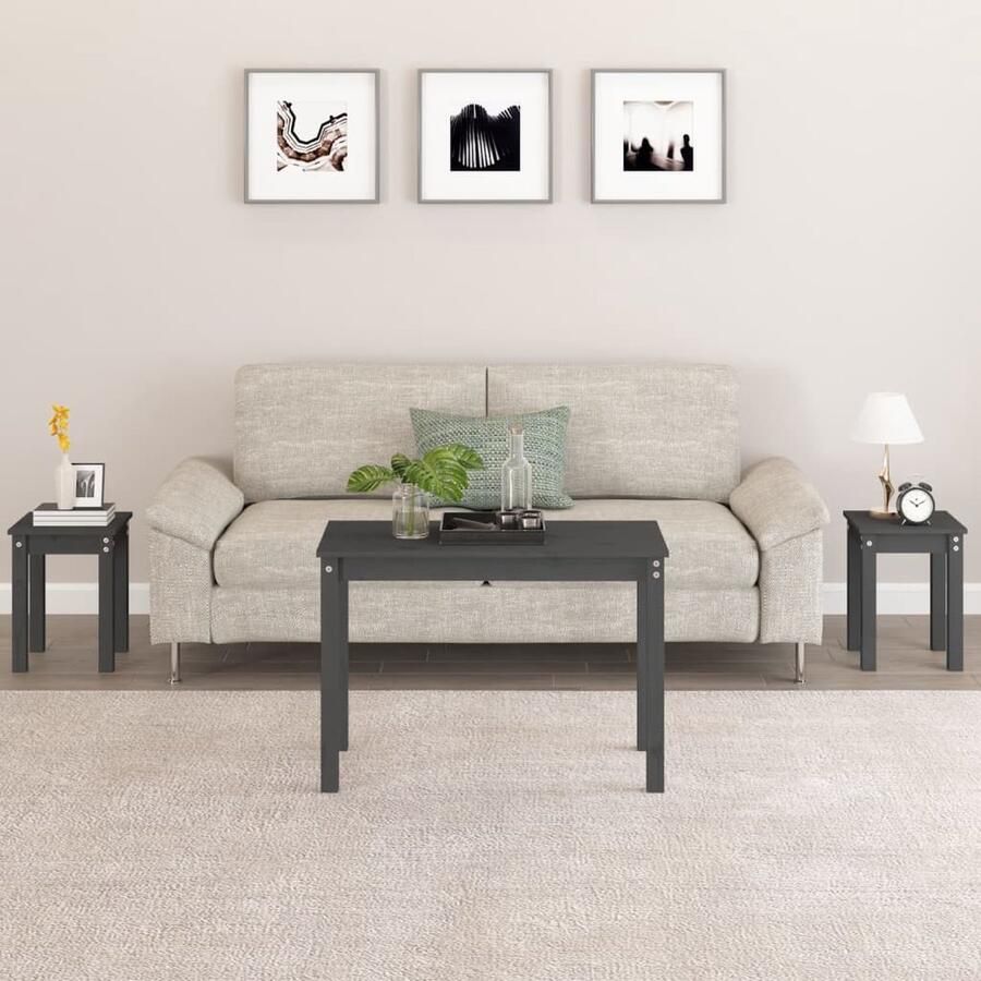 VidaXL Tafeltjesset 3 st massief grenenhout grijs Tafelset Tafels Grenenhouten Tafel Grijze Tafel Multifunctionele Tafel Salontafel Nachtkastje - Foto 2