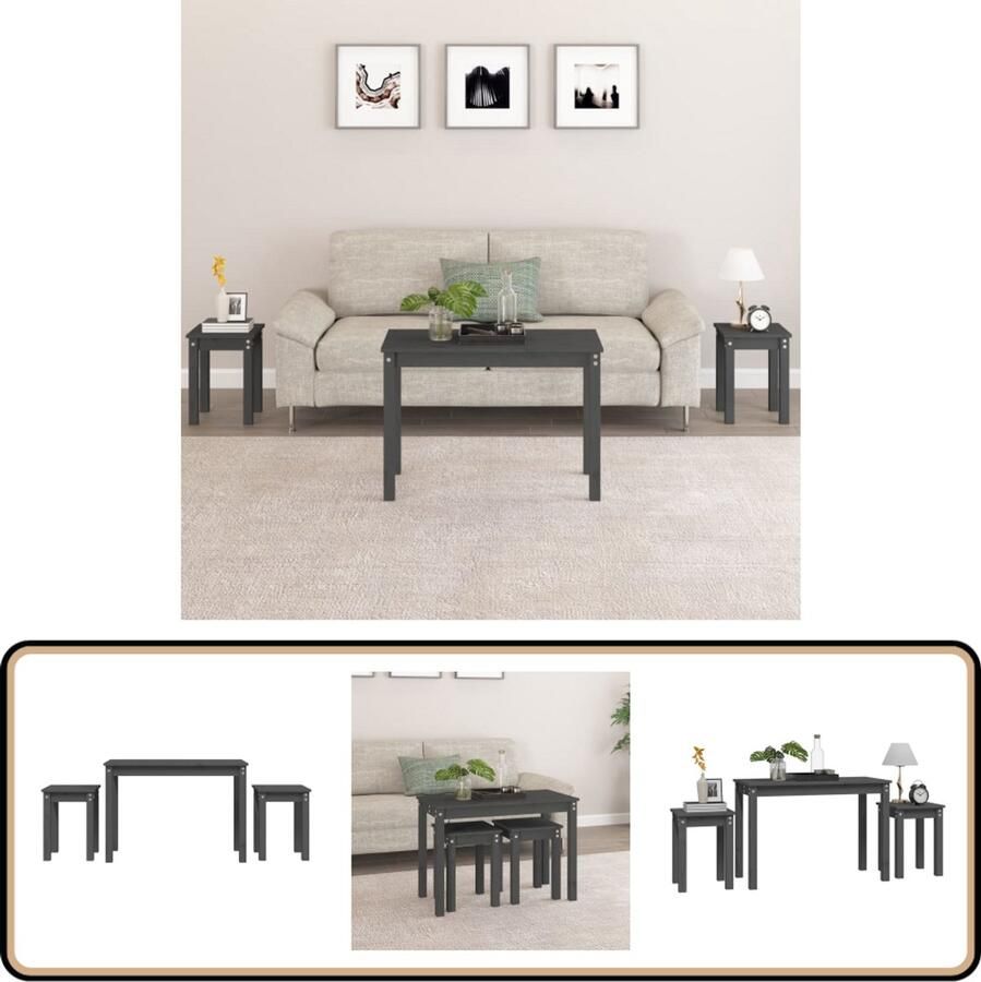 VidaXL Tafeltjesset 3 st massief grenenhout grijs Tafelset Tafels Grenenhouten Tafel Grijze Tafel Multifunctionele Tafel Salontafel Nachtkastje