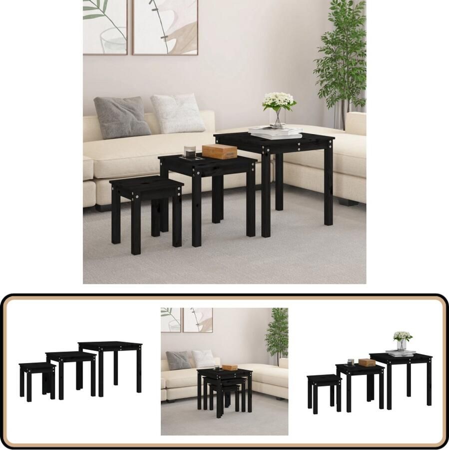 VidaXL Tafeltjesset 3 st massief grenenhout zwart Houten Tafeltjes Nestkasten Sidetable Salontafel Nachtkastje Klein Meubel Decoratief Modern Industrieel Minimalistisch